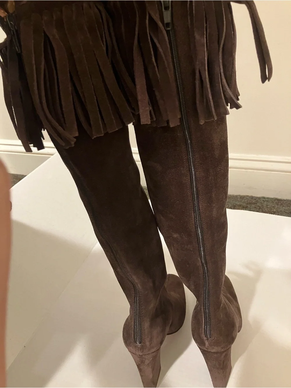 Alaia authentic Dark Brown Suede Over-the-Knee Fringe Boots